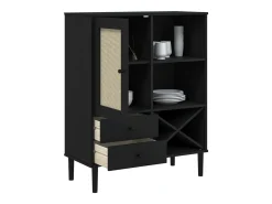 Aparador SENJA en imitación ratán negro 90x40x112cm madera maciza de pino