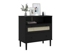 Aparador SENJA en imitación ratán negro 80x40x80 cm madera maciza de pino