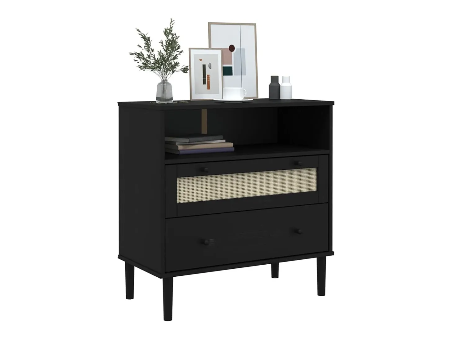 Aparador SENJA en imitación ratán negro 80x40x80 cm madera maciza de pino