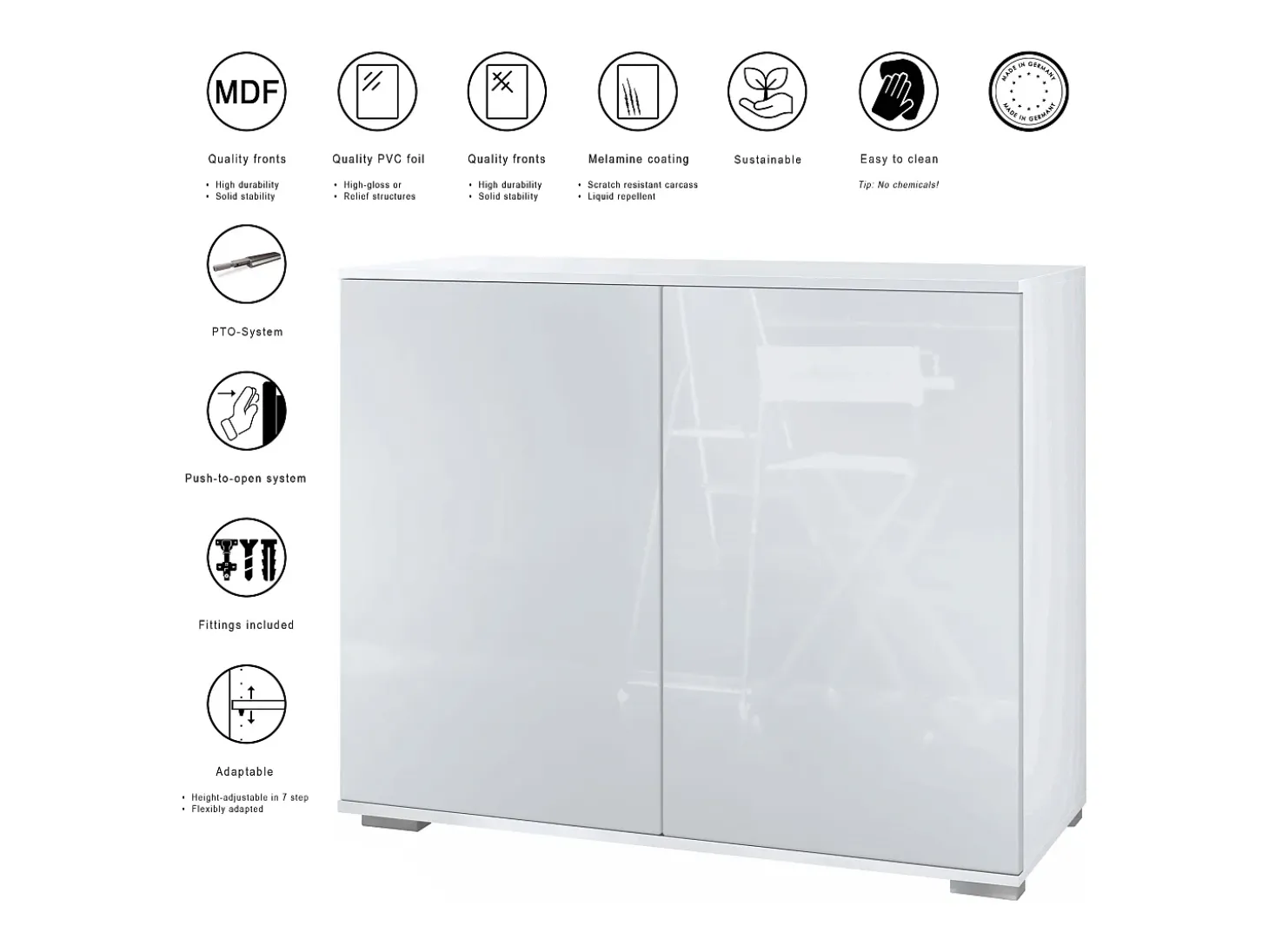 Aparador Skadu V3, Armario de Cocina Moderno con 2 Puertas Grandes blanco mate / roble natural (92,5 x 75.5 x 35)
