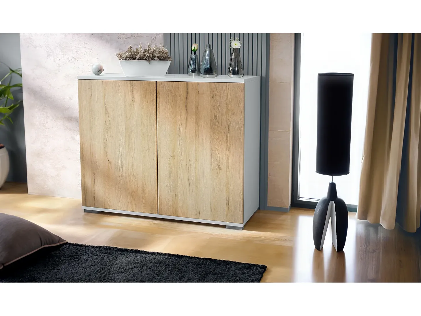 Aparador Skadu V3, Armario de Cocina Moderno con 2 Puertas Grandes blanco mate / roble natural (92,5 x 75.5 x 35)
