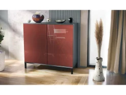 Aparador Skadu V3, Armario de Cocina Moderno con 2 Puertas Grandes antracita mate / burdeos de alto brillo (92,5 x 83.5 x 35)