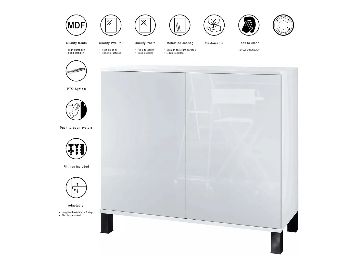 Aparador Skadu V3, Armario de Cocina Moderno con 2 Puertas Grandes blanco mate / gris arena de alto brillo (92,5 x 84.5 x 35)