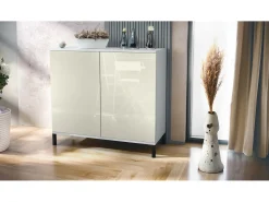 Aparador Skadu V3, Armario de Cocina Moderno con 2 Puertas Grandes blanco mate / crema de alto brillo (92,5 x 83.5 x 35)
