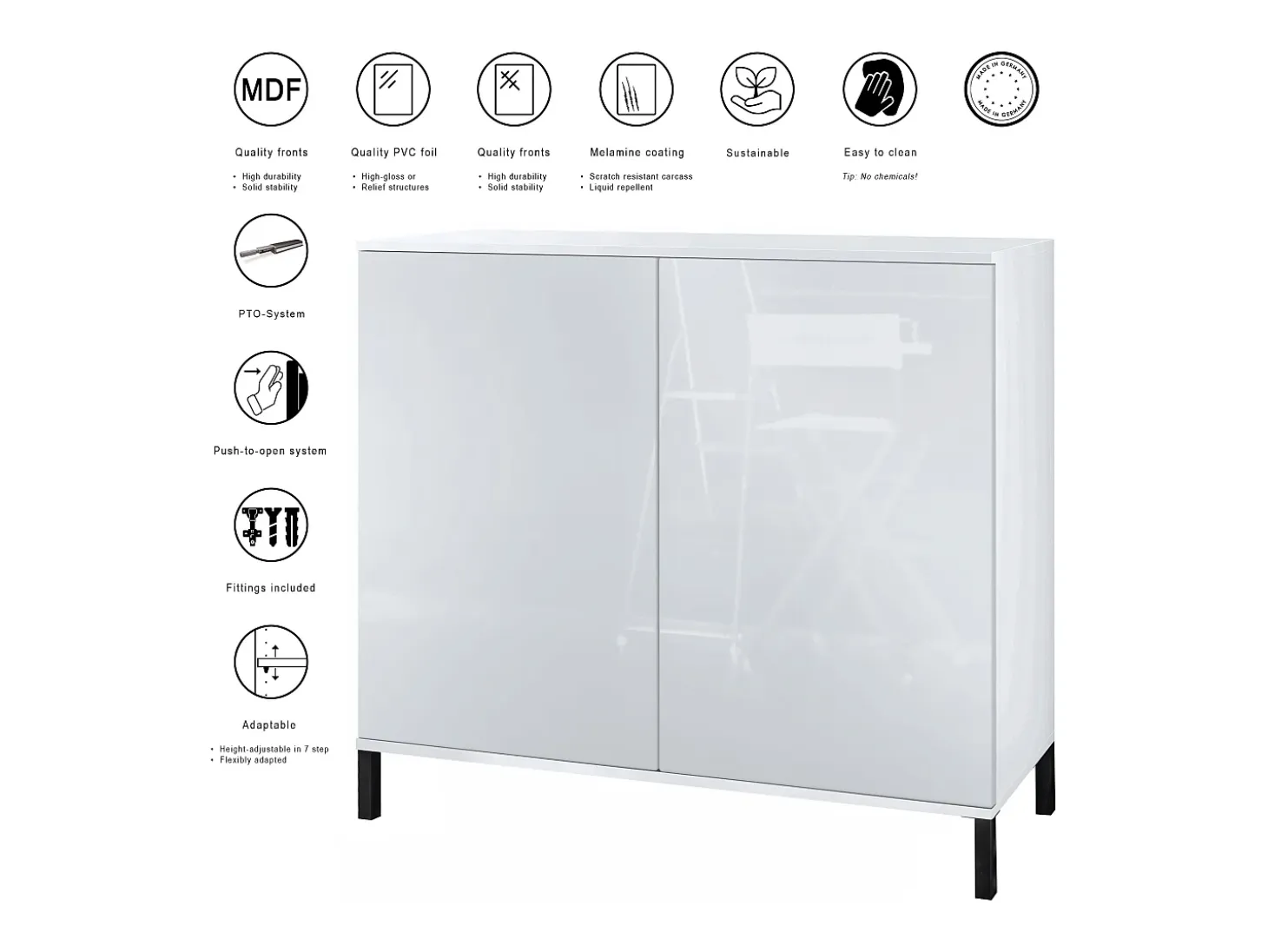 Aparador Skadu V3, Armario de Cocina Moderno con 2 Puertas Grandes blanco mate / crema de alto brillo (92,5 x 83.5 x 35)