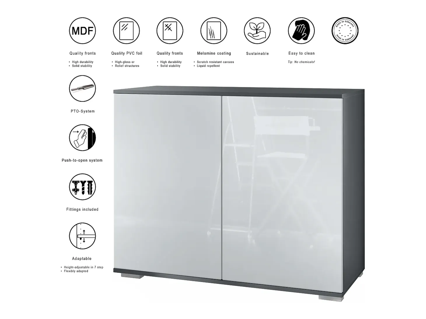 Aparador Skadu V3, Armario de Cocina Moderno con 2 Puertas Grandes antracita mate / roble natural (92,5 x 75.5 x 35)