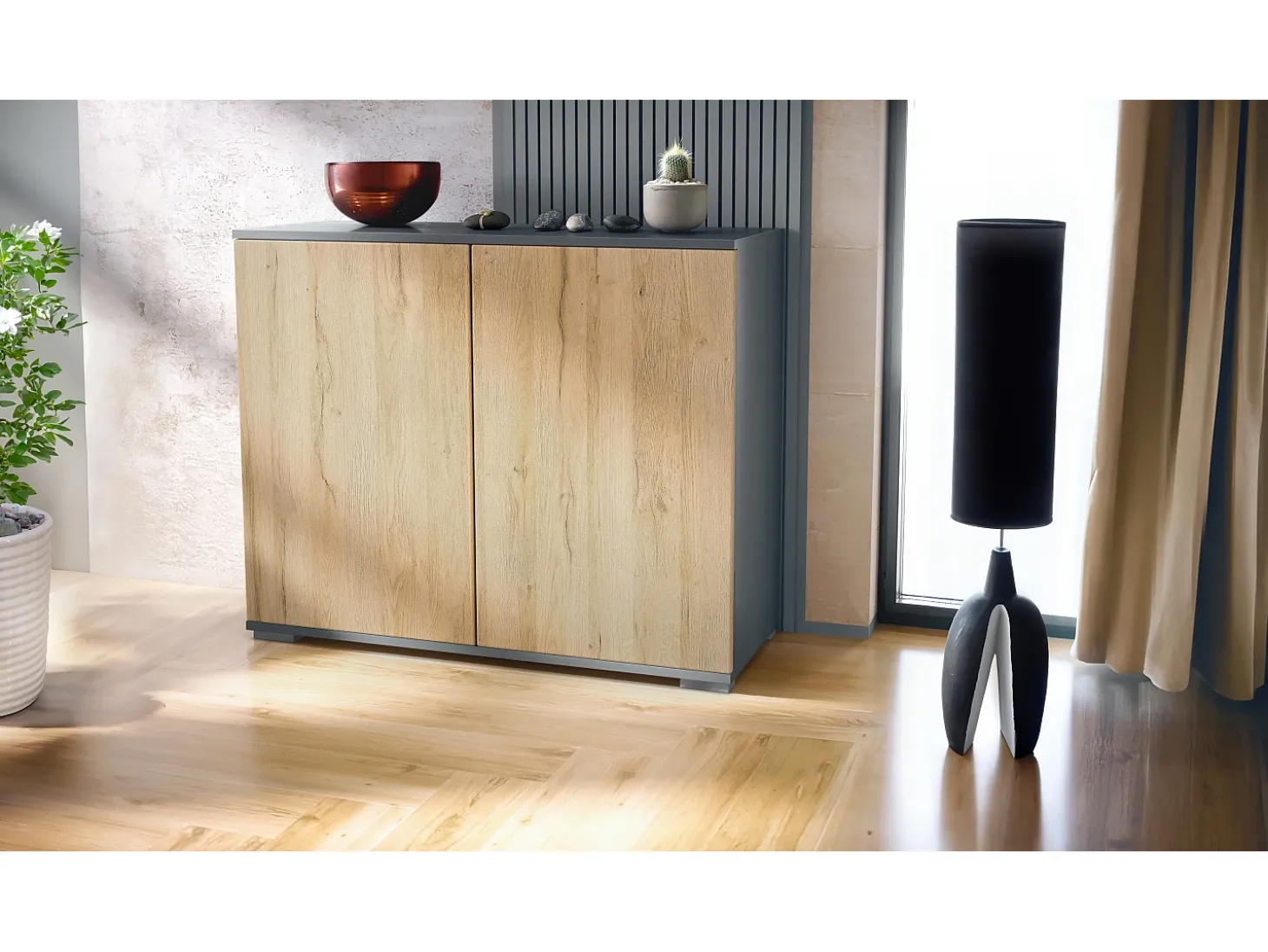 Aparador Skadu V3, Armario de Cocina Moderno con 2 Puertas Grandes antracita mate / roble natural (92,5 x 75.5 x 35)