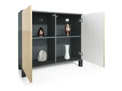 Aparador Skadu V3, Armario de Cocina Moderno con 2 Puertas Grandes antracita mate / roble natural (92,5 x 84.5 x 35)