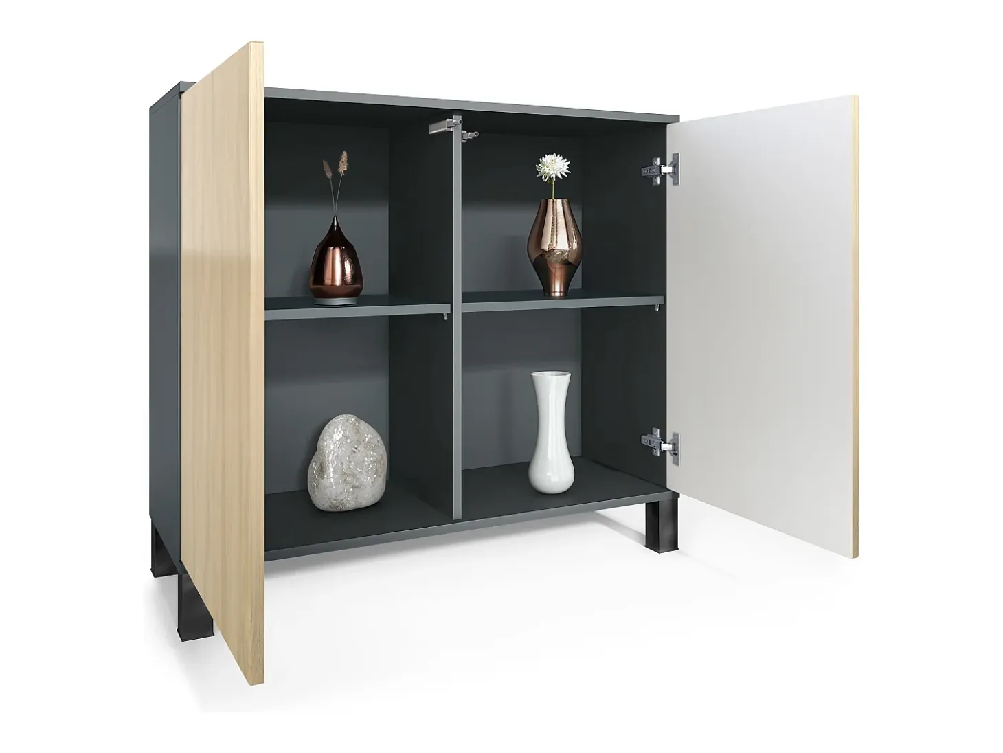 Aparador Skadu V3, Armario de Cocina Moderno con 2 Puertas Grandes antracita mate / roble natural (92,5 x 84.5 x 35)