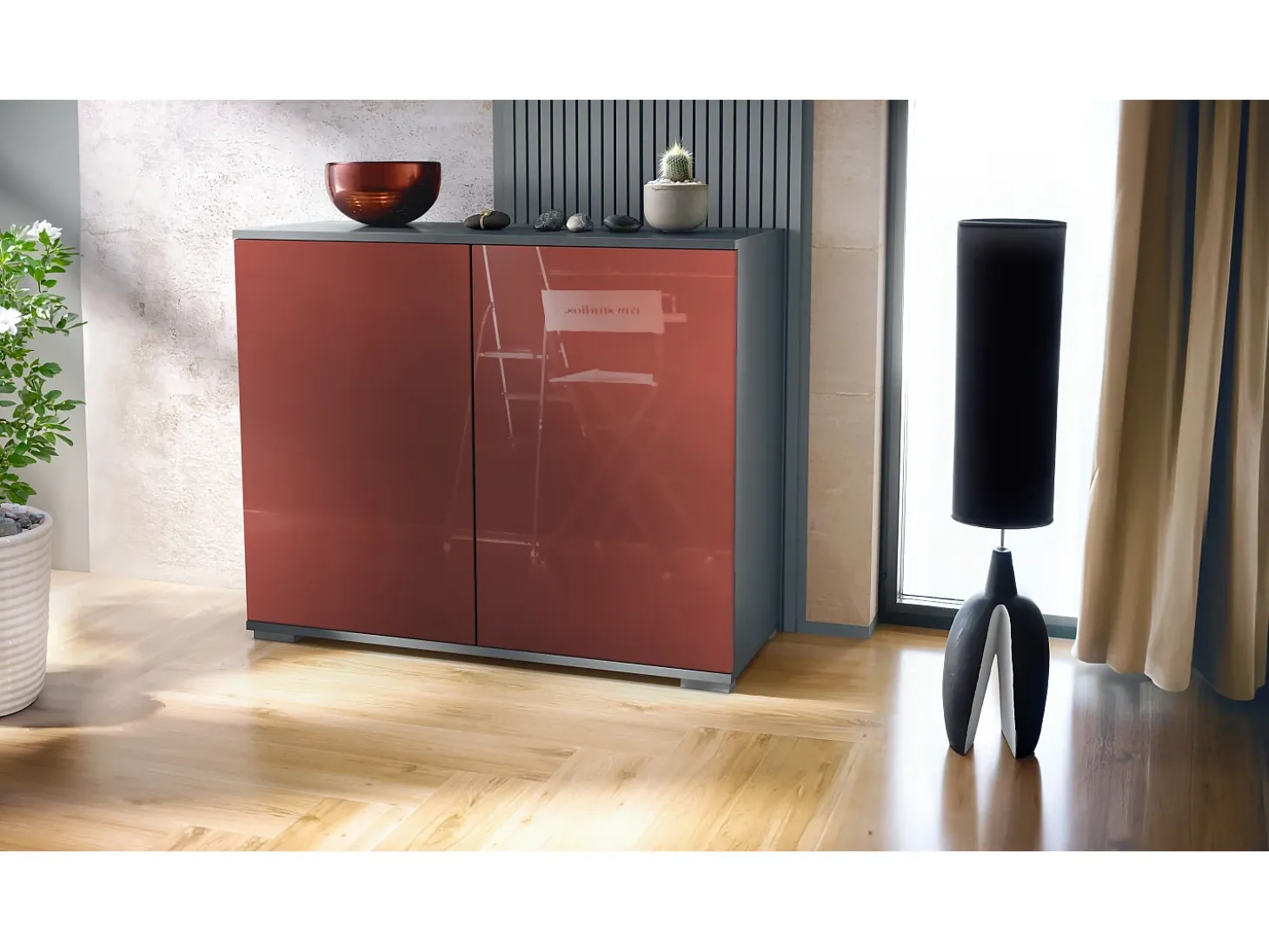 Aparador Skadu V3, Armario de Cocina Moderno con 2 Puertas Grandes antracita mate / burdeos de alto brillo (92,5 x 75.5 x 35)