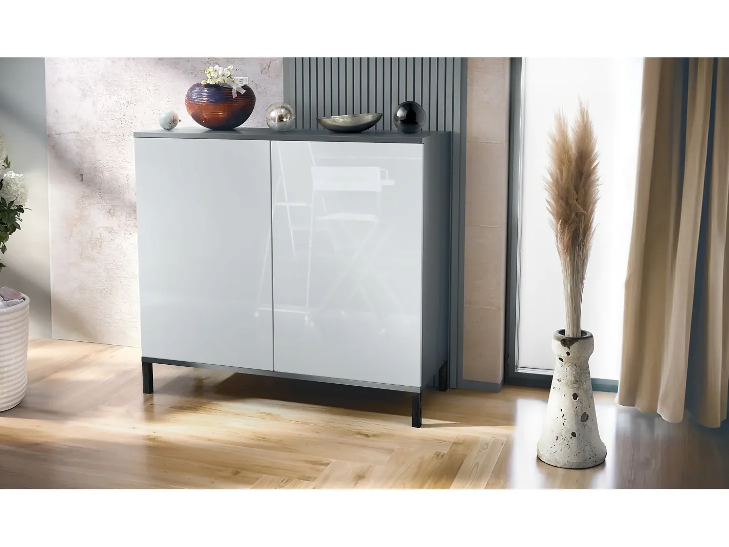 Aparador Skadu V3, Armario de Cocina Moderno con 2 Puertas Grandes antracita mate / blanco de alto brillo (92,5 x 83.5 x 35)