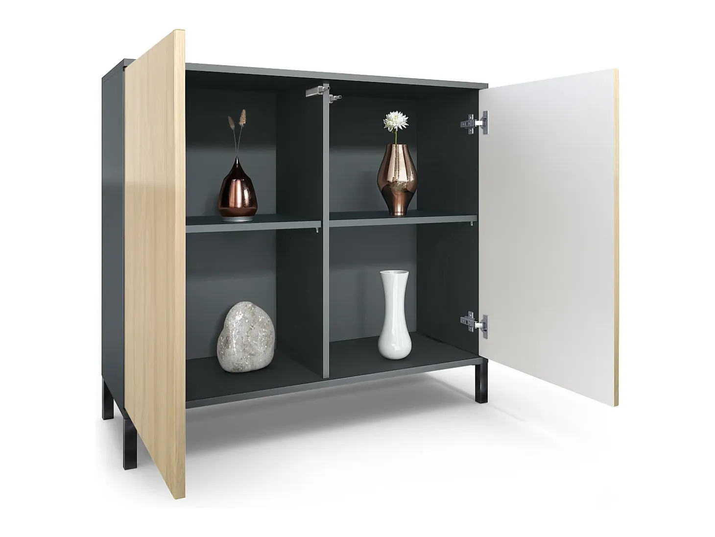 Aparador Skadu V3, Armario de Cocina Moderno con 2 Puertas Grandes antracita mate / blanco de alto brillo (92,5 x 83.5 x 35)