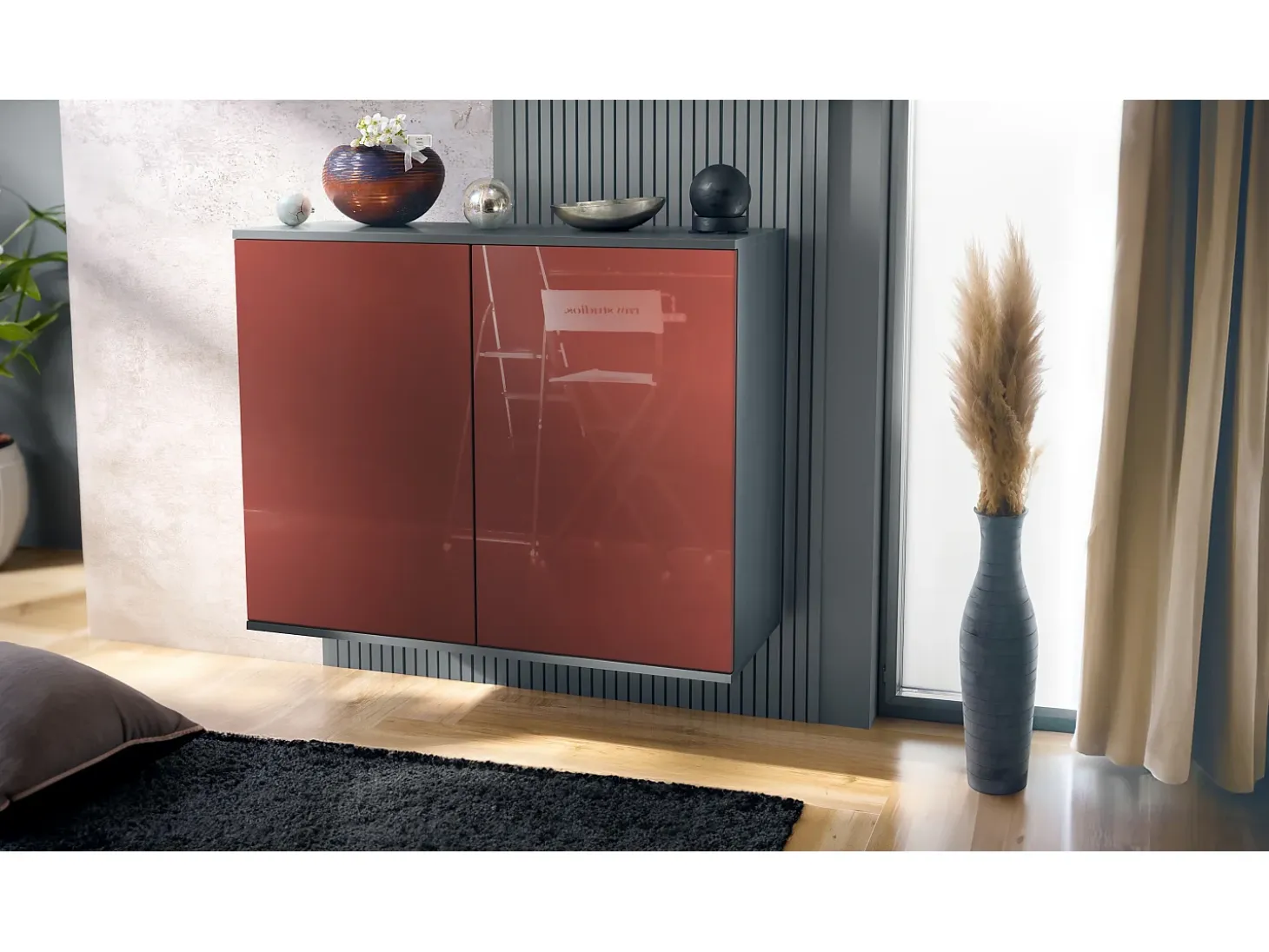 Aparador Skadu V3, Armario de Cocina Moderno con 2 Puertas Grandes antracita mate / burdeos de alto brillo (92,5 x 73.5 x 35)