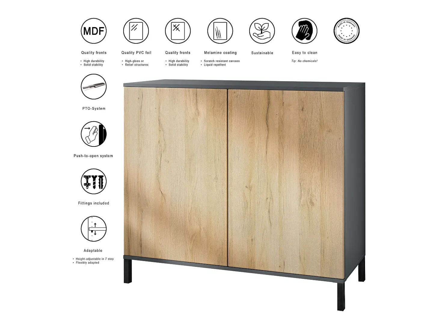Aparador Skadu V3, Armario de Cocina Moderno con 2 Puertas Grandes antracita mate / gris arena de alto brillo (92,5 x 83.5 x 35)