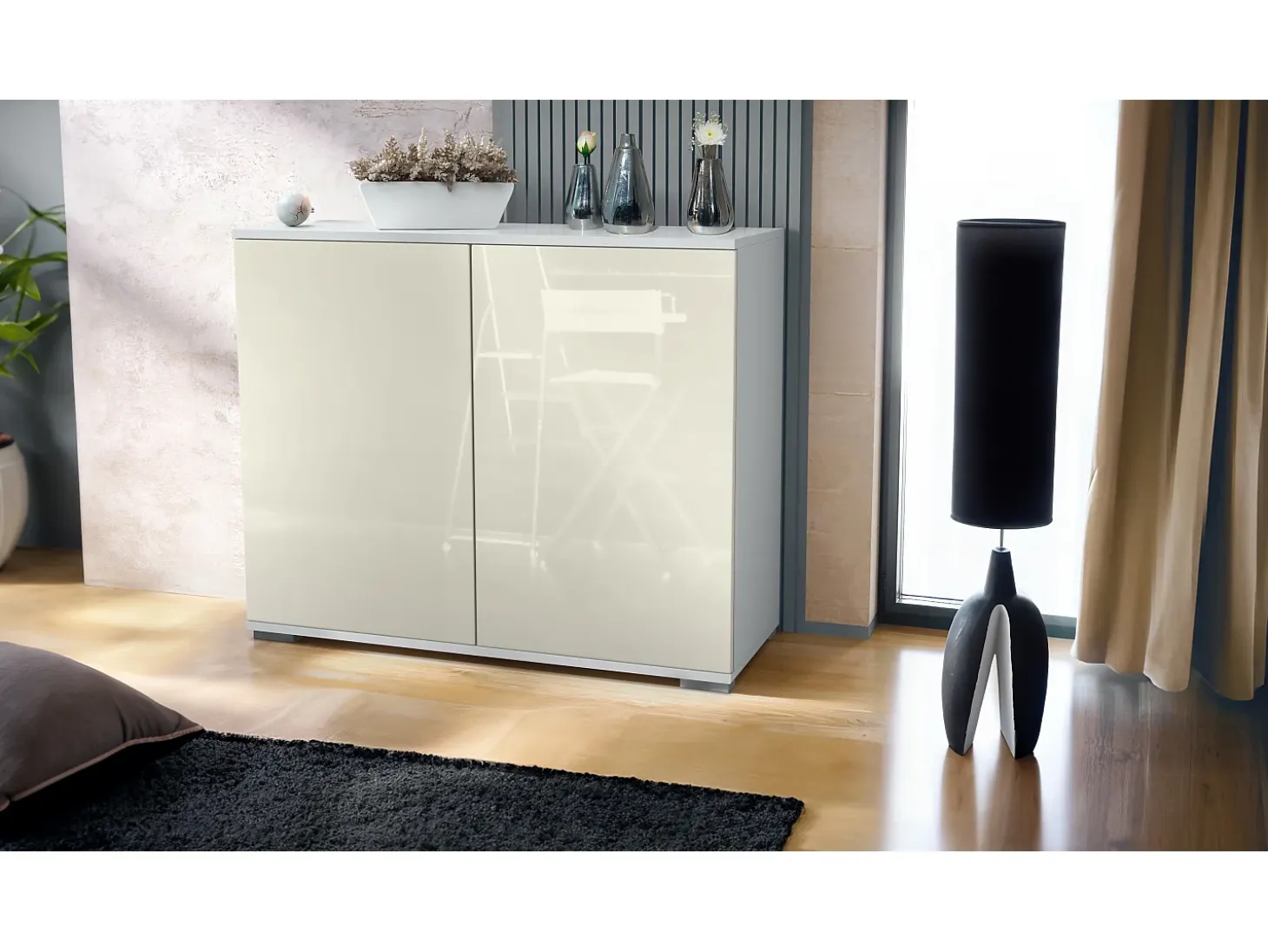 Aparador Skadu V3, Armario de Cocina Moderno con 2 Puertas Grandes blanco mate / crema de alto brillo (92,5 x 75.5 x 35)