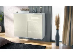 Aparador Skadu V3, Armario de Cocina Moderno con 2 Puertas Grandes blanco mate / crema de alto brillo (92,5 x 73.5 x 35)