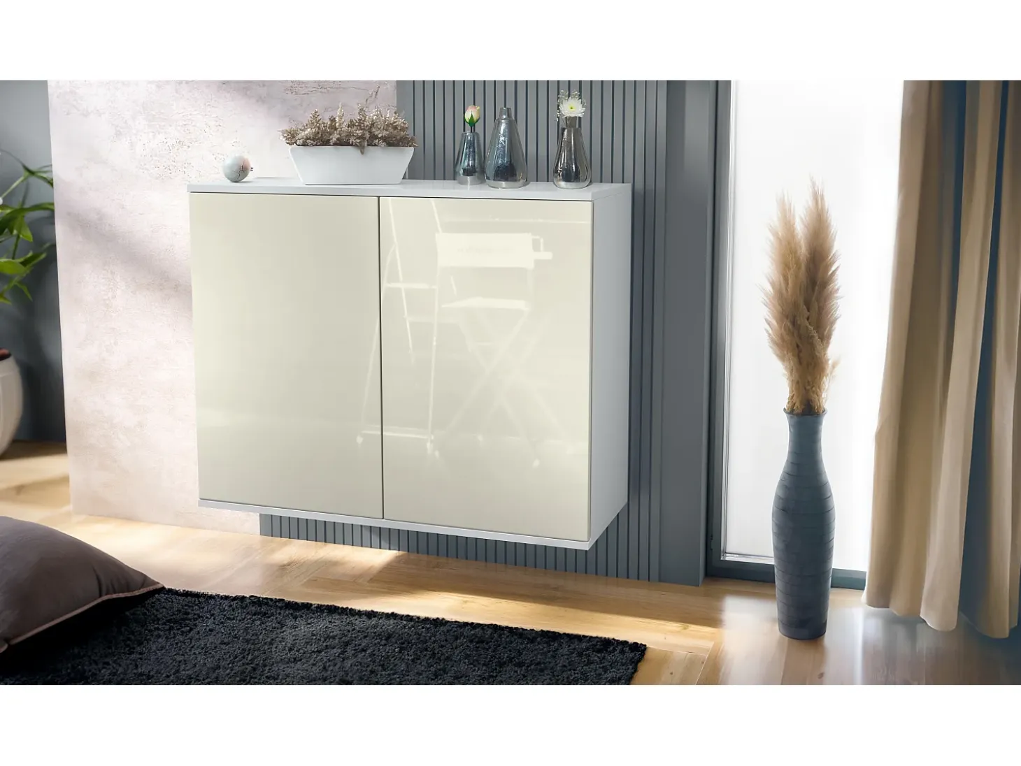 Aparador Skadu V3, Armario de Cocina Moderno con 2 Puertas Grandes blanco mate / crema de alto brillo (92,5 x 73.5 x 35)