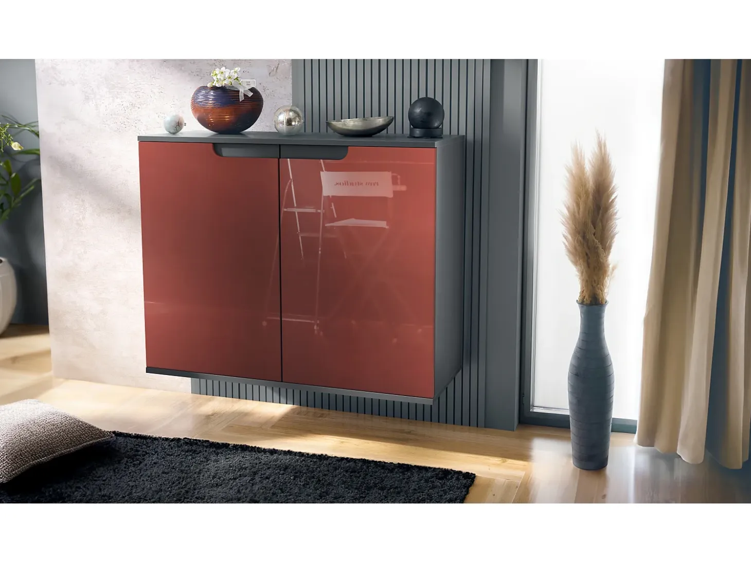 Aparador Sylt V3, Armario de Cocina Moderno con 2 Puertas Grandes antracita mate / burdeos de alto brillo (92,5 x 73.5 x 35)