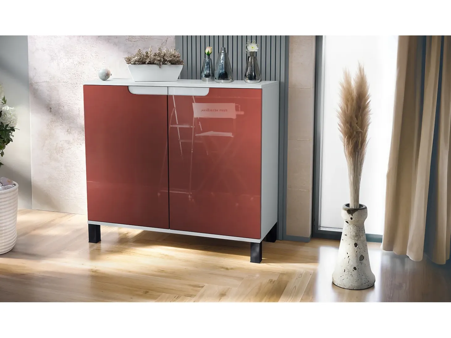 Aparador Sylt V3, Armario de Cocina Moderno con 2 Puertas Grandes blanco mate / burdeos de alto brillo (92,5 x 84.5 x 35)