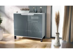 Aparador Sylt V3, Armario de Cocina Moderno con 2 Puertas Grandes blanco mate / gris de alto brillo (92,5 x 84.5 x 35)