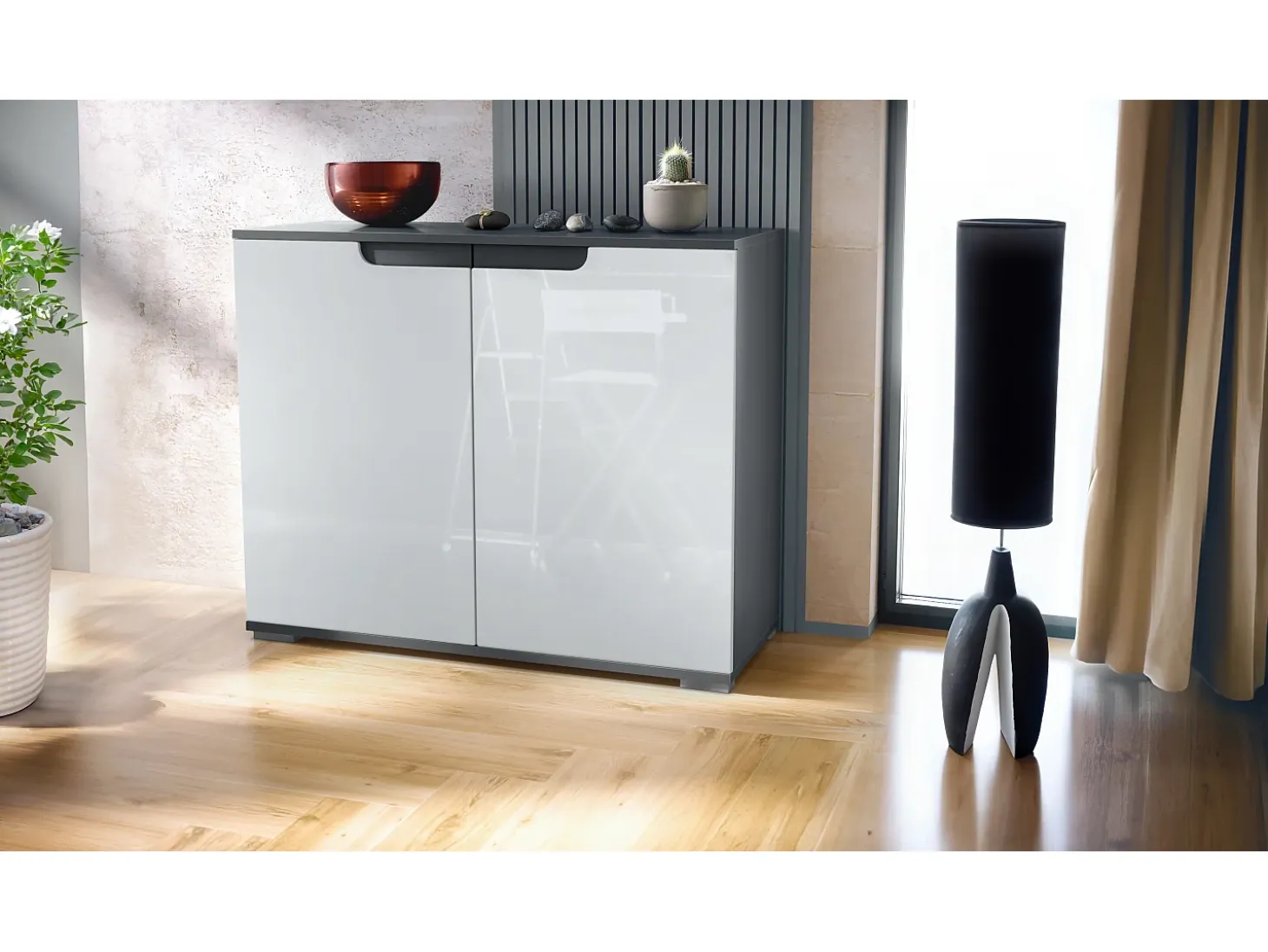 Aparador Sylt V3, Armario de Cocina Moderno con 2 Puertas Grandes antracita mate / blanco de alto brillo (92,5 x 75.5 x 35)