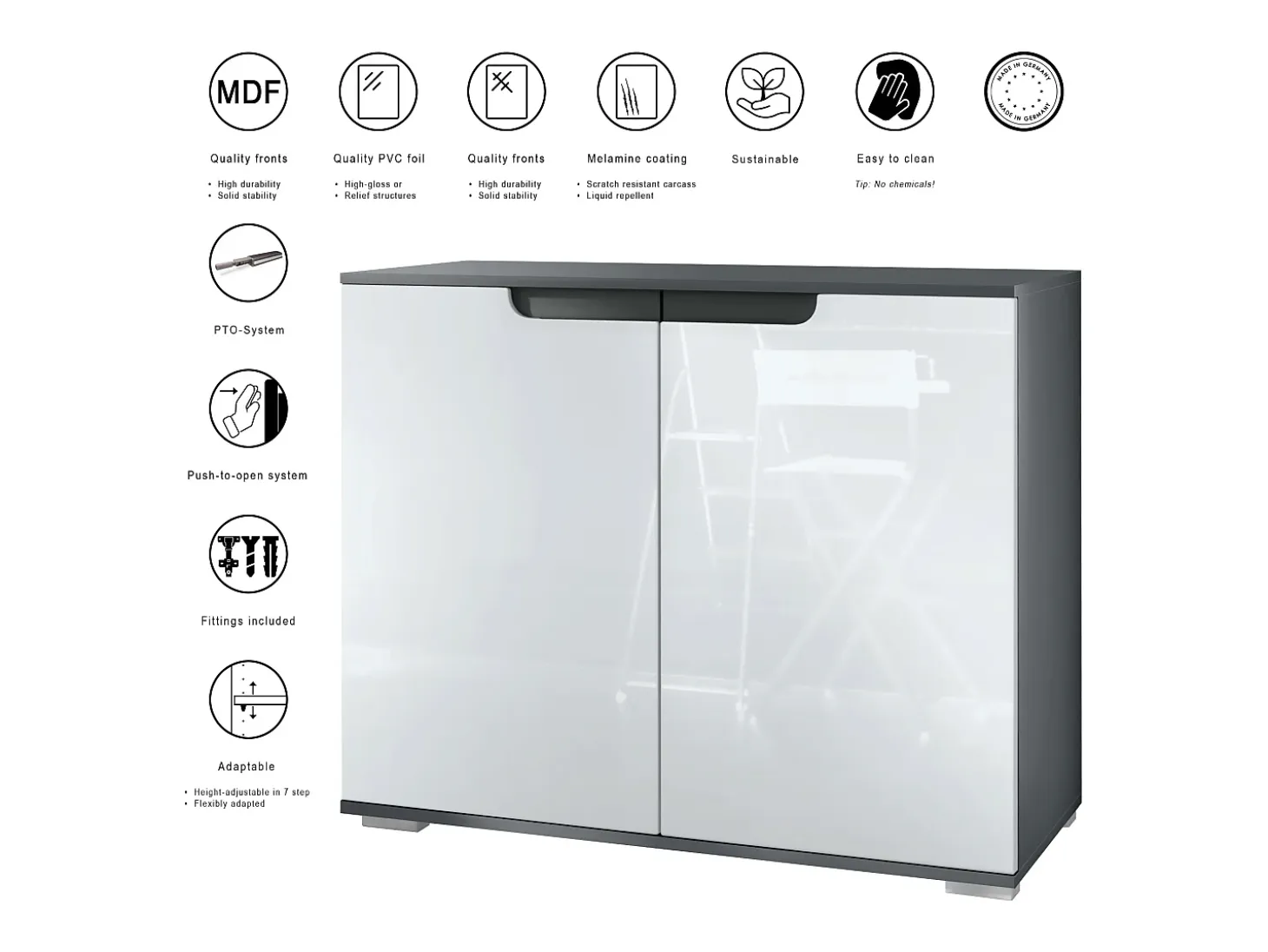 Aparador Sylt V3, Armario de Cocina Moderno con 2 Puertas Grandes antracita mate / blanco de alto brillo (92,5 x 75.5 x 35)