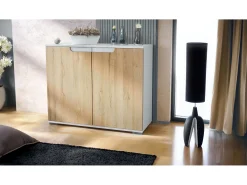 Aparador Sylt V3, Armario de Cocina Moderno con 2 Puertas Grandes blanco mate / roble natural (92,5 x 75.5 x 35)