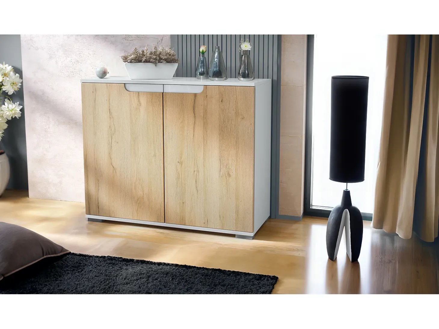Aparador Sylt V3, Armario de Cocina Moderno con 2 Puertas Grandes blanco mate / roble natural (92,5 x 75.5 x 35)