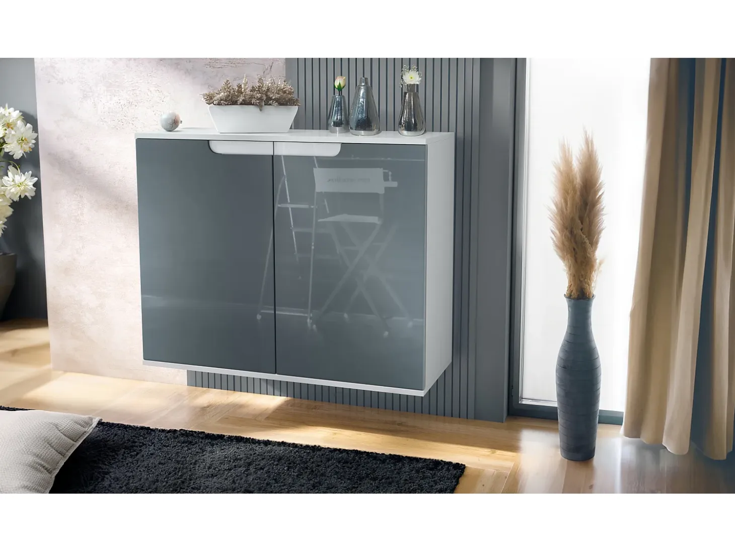 Aparador Sylt V3, Armario de Cocina Moderno con 2 Puertas Grandes blanco mate / gris de alto brillo (92,5 x 73.5 x 35)