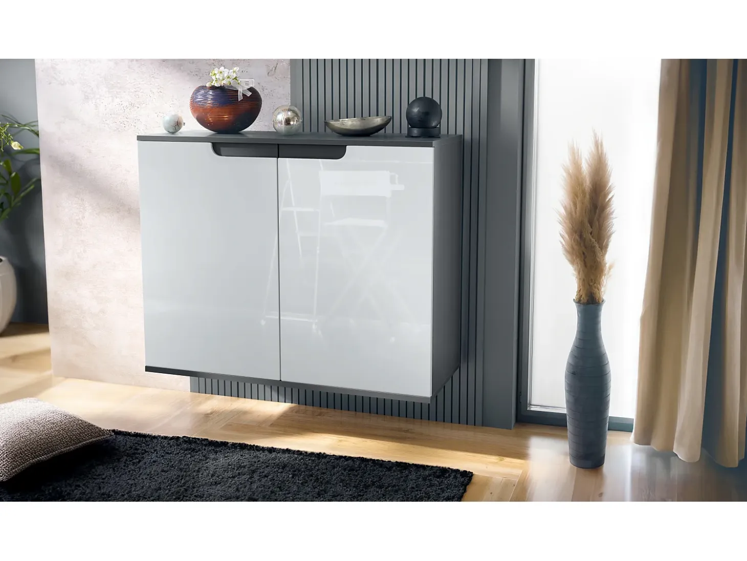 Aparador Sylt V3, Armario de Cocina Moderno con 2 Puertas Grandes antracita mate / blanco de alto brillo (92,5 x 73.5 x 35)