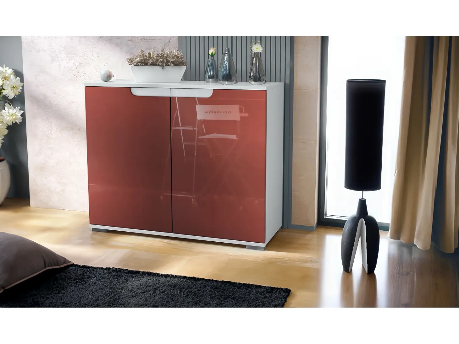 Aparador Sylt V3, Armario de Cocina Moderno con 2 Puertas Grandes blanco mate / burdeos de alto brillo (92,5 x 75.5 x 35)