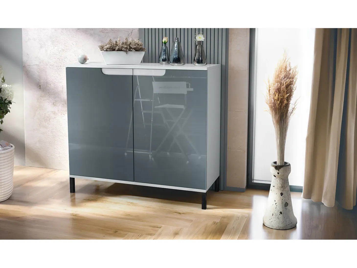 Aparador Sylt V3, Armario de Cocina Moderno con 2 Puertas Grandes blanco mate / gris de alto brillo (92,5 x 83.5 x 35)