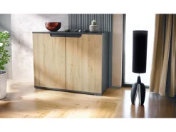 Aparador Sylt V3, Armario de Cocina Moderno con 2 Puertas Grandes antracita mate / roble natural (92,5 x 75.5 x 35)