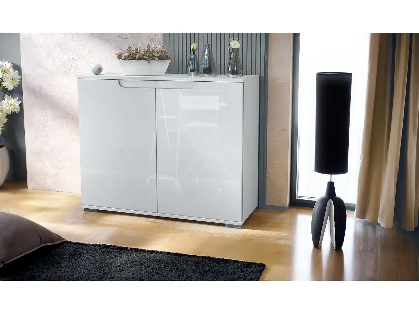 Aparador Sylt V3, Armario de Cocina Moderno con 2 Puertas Grandes blanco mate / blanco de alto brillo (92,5 x 75.5 x 35)