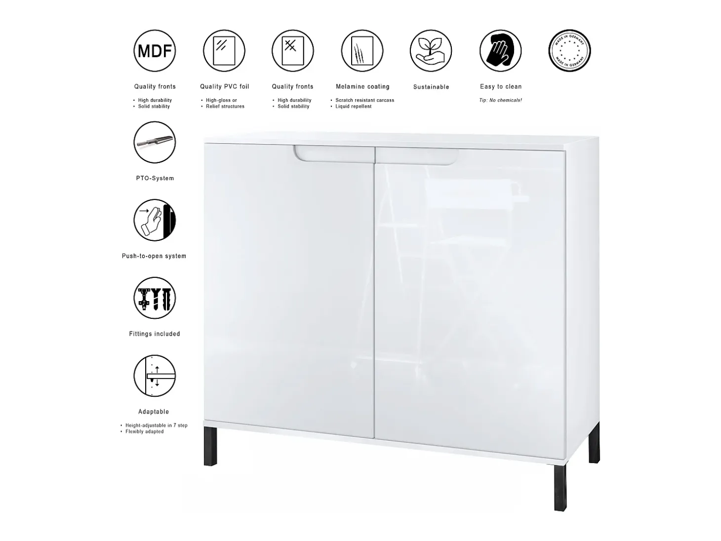 Aparador Sylt V3, Armario de Cocina Moderno con 2 Puertas Grandes blanco mate / blanco de alto brillo (92,5 x 83.5 x 35)