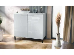 Aparador Sylt V3, Armario de Cocina Moderno con 2 Puertas Grandes blanco mate / blanco de alto brillo (92,5 x 83.5 x 35)