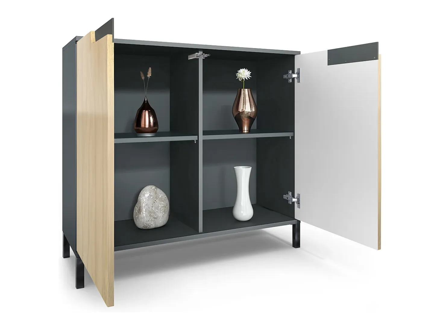 Aparador Sylt V3, Armario de Cocina Moderno con 2 Puertas Grandes antracita mate / gris claro satinado (92,5 x 83.5 x 35)