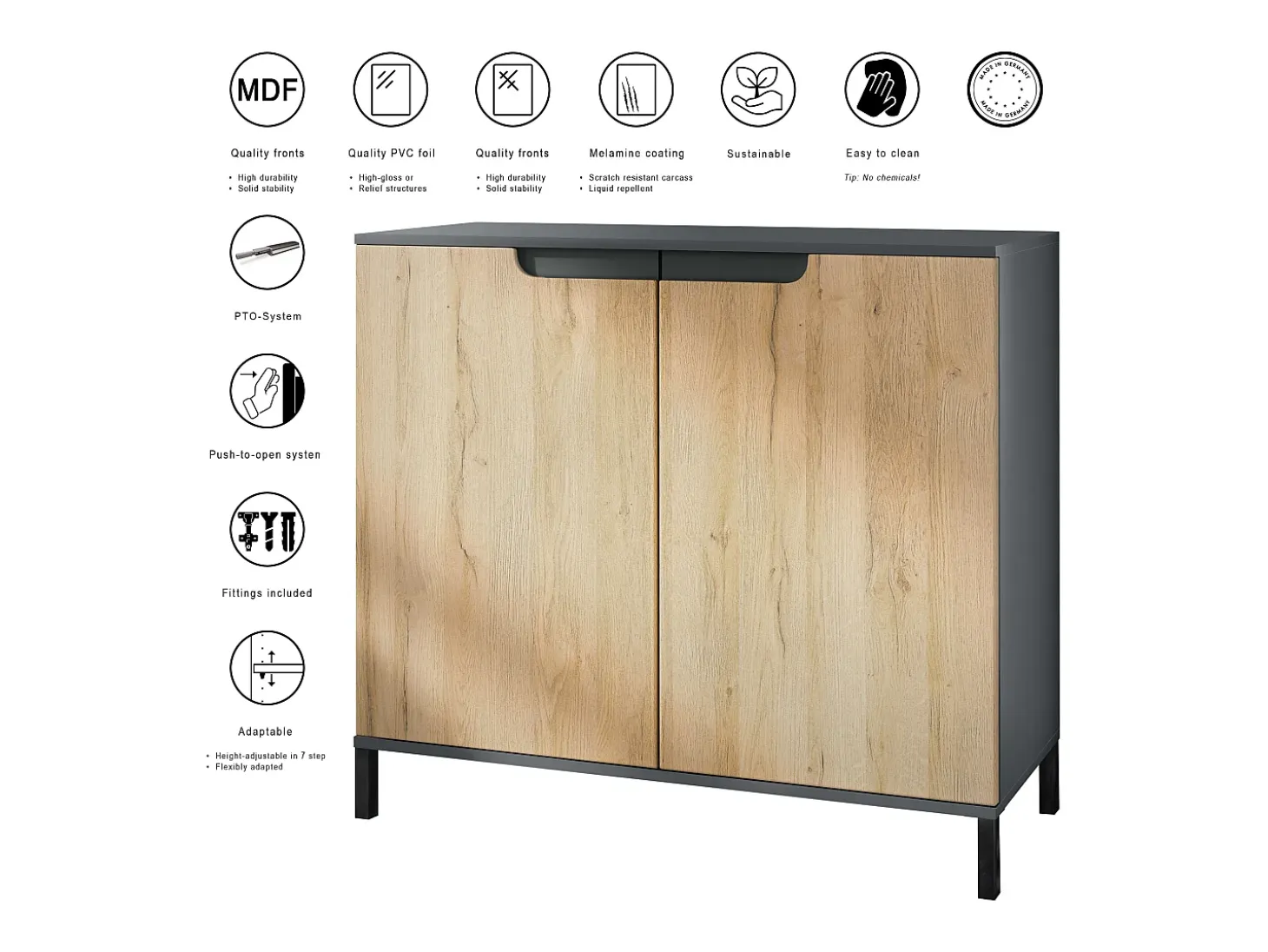 Aparador Sylt V3, Armario de Cocina Moderno con 2 Puertas Grandes antracita mate / gris claro satinado (92,5 x 83.5 x 35)