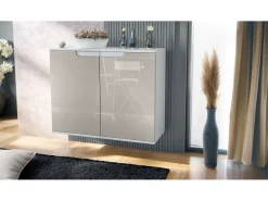 Aparador Sylt V3, Armario de Cocina Moderno con 2 Puertas Grandes blanco mate / gris arena de alto brillo (92,5 x 73.5 x 35)