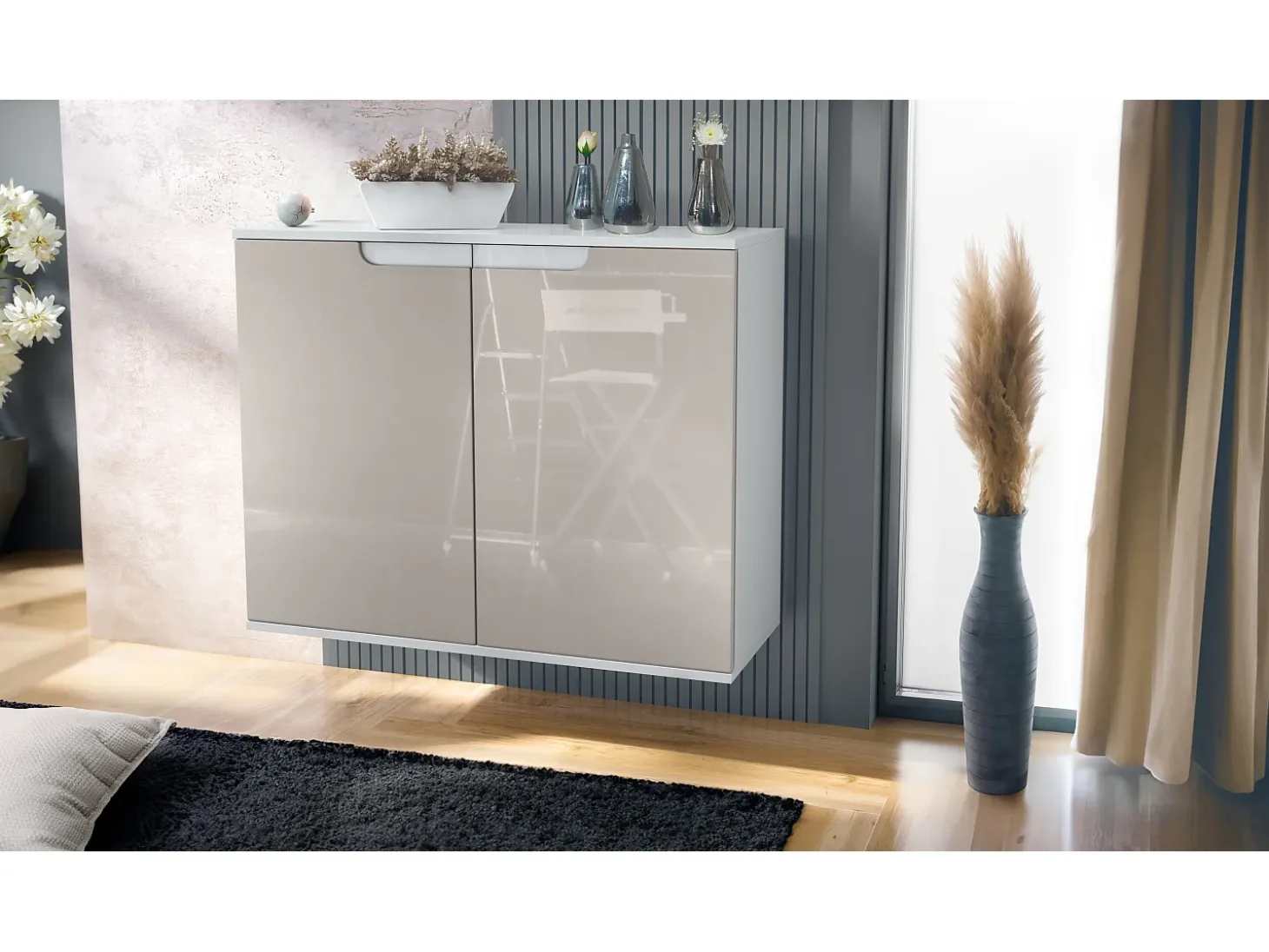 Aparador Sylt V3, Armario de Cocina Moderno con 2 Puertas Grandes blanco mate / gris arena de alto brillo (92,5 x 73.5 x 35)