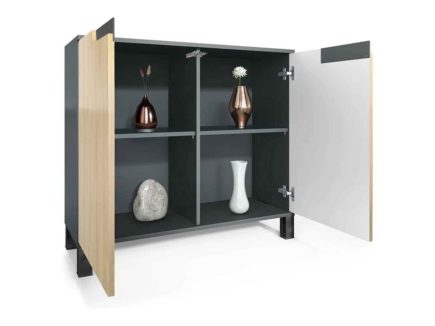 Aparador Sylt V3, Armario de Cocina Moderno con 2 Puertas Grandes antracita mate / gris arena de alto brillo (92,5 x 84.5 x 35)