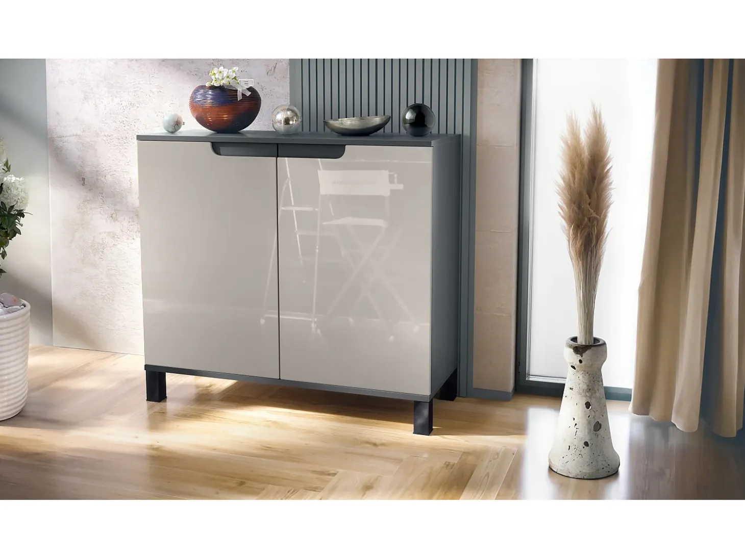 Aparador Sylt V3, Armario de Cocina Moderno con 2 Puertas Grandes antracita mate / gris arena de alto brillo (92,5 x 84.5 x 35)