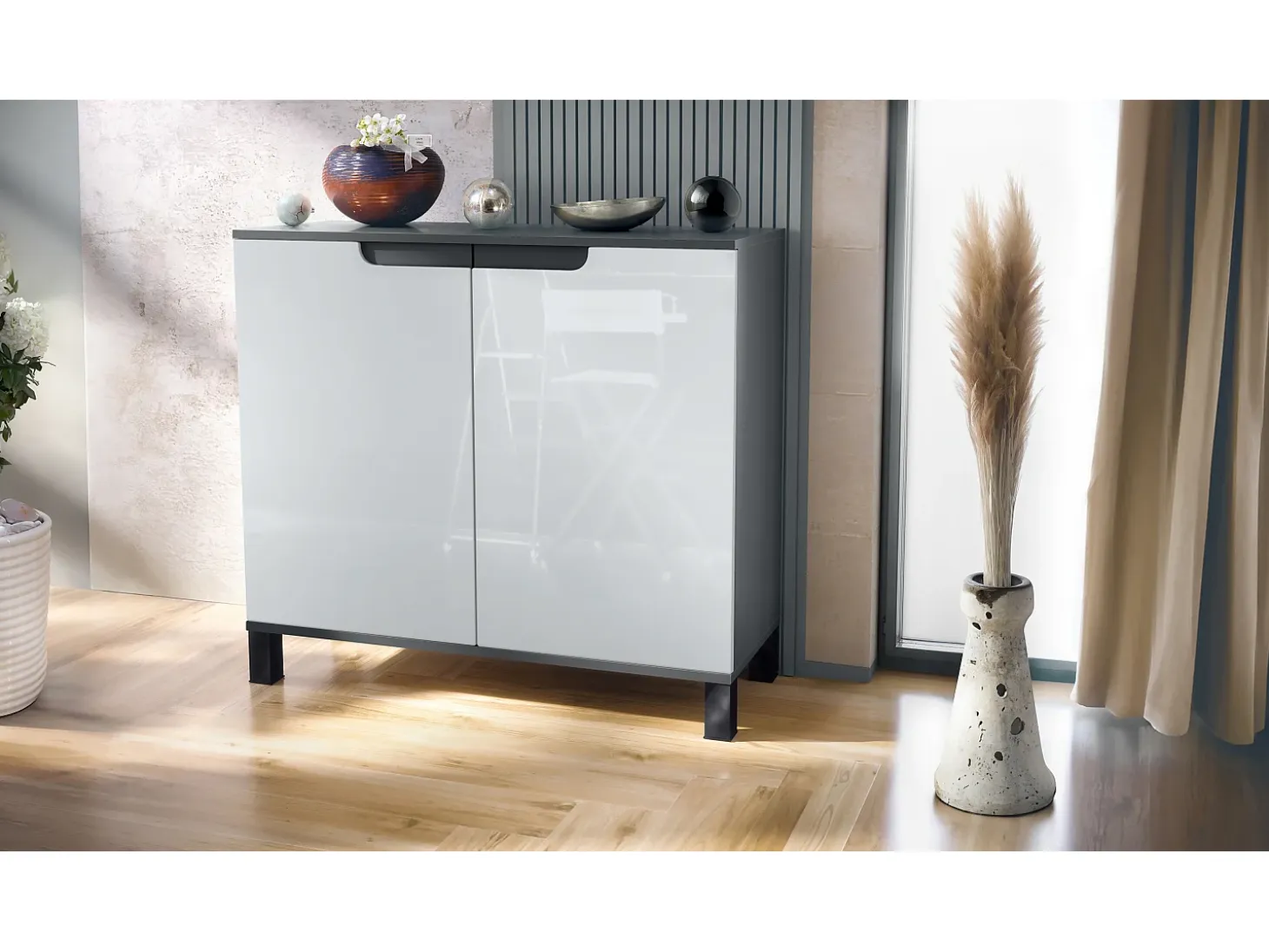 Aparador Sylt V3, Armario de Cocina Moderno con 2 Puertas Grandes antracita mate / blanco de alto brillo (92,5 x 84.5 x 35)