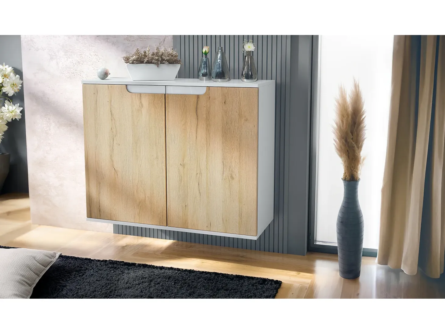 Aparador Sylt V3, Armario de Cocina Moderno con 2 Puertas Grandes blanco mate / roble natural (92,5 x 73.5 x 35)