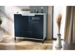 Aparador Sylt V3, Armario de Cocina Moderno con 2 Puertas Grandes blanco mate / negro de alto brillo (92,5 x 83.5 x 35)