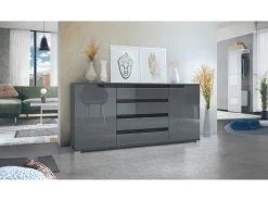 Aparador Sylt V2, Cómoda con 2 Puertas y 4 Cajones, Cuerpo - antracita mate / Frontal - gris de alto brillo / Detalles - negro de alto brillo (166,5 x 75,5 x 35 cm)