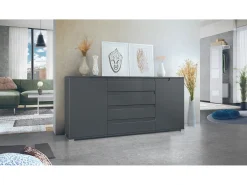Aparador Sylt V2, Cómoda con 2 Puertas y 4 Cajones, Cuerpo - antracita mate / Frontal - antracita mate / Detalles - antracita mate (166,5 x 75,5 x 35 cm)