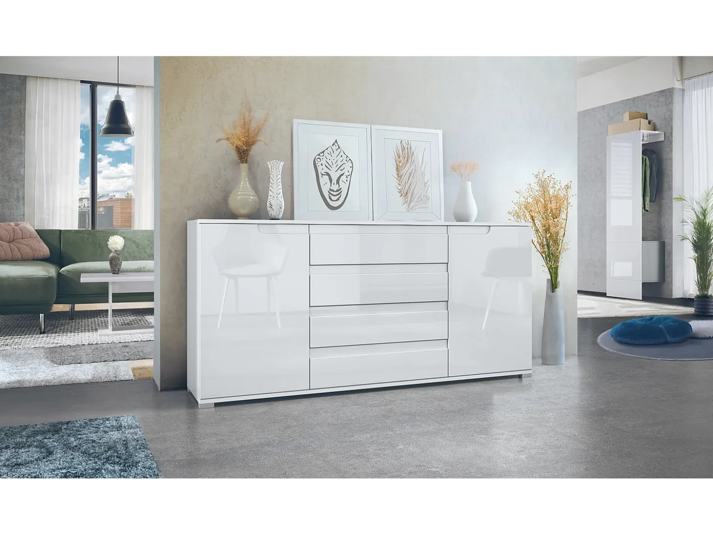 Aparador Sylt V2, Cómoda con 2 Puertas y 4 Cajones, Cuerpo - blanco mate / Frontal - blanco de alto brillo / Detalles - blanco de alto brillo (166,5 x 75,5 x 35 cm)