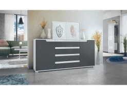 Aparador Sylt V2, Cómoda con 2 Puertas y 4 Cajones, Cuerpo - blanco mate / Frontal - antracita mate / Detalles - blanco de alto brillo (166,5 x 75,5 x 35 cm)