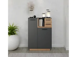Aparador Synnax 1 puerta grande, 1 puerta pequeña, 1 estante, 2 cajones gris, decoración roble.